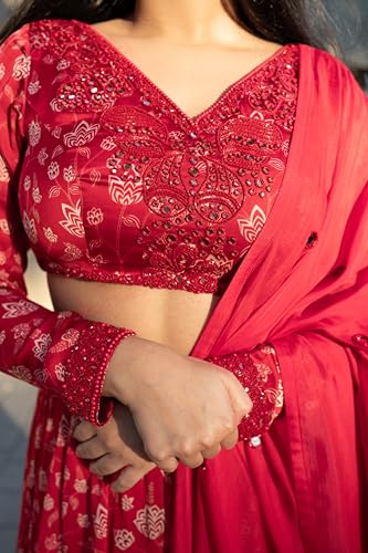 essaySumedha Agrawal Organza Satin Organza Santoon Floral Lehenga for Women (Size: L, Red)