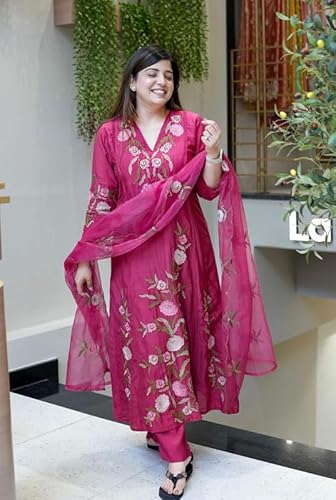AVYUKTHA | Women’s Embroidered Kurta Set with Pyjamas & Dupatta | Ethnic Suit for Festive, Casual & Daily | Pink | Size- XL