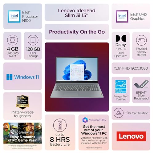 Lenovo IdeaPad Slim 3i • 15.6" FHD Laptop with Microsoft 365 Included • Intel Core i3-N305 • 8GB DDR5RAM • 128GB SSD • Windows 11