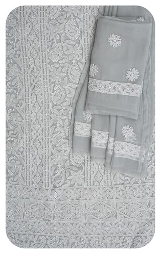 Ada Hand Embroidered Lucknowi Chikankari Unstitched Georgette Dress Material Suit Piece with Dupatta for Women 01A873551 Grey