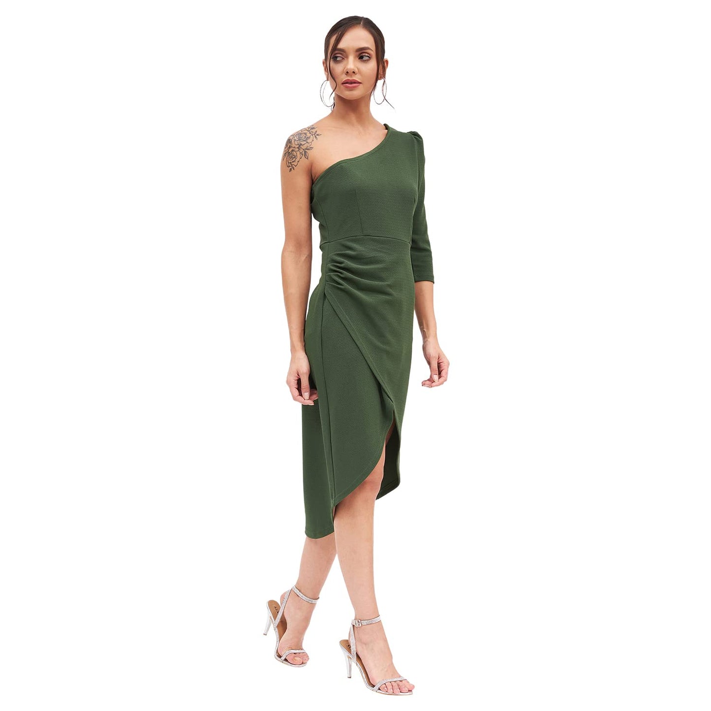 Eiko Women's Spandex One Shoulder Overlap Dress (Small, Olive)