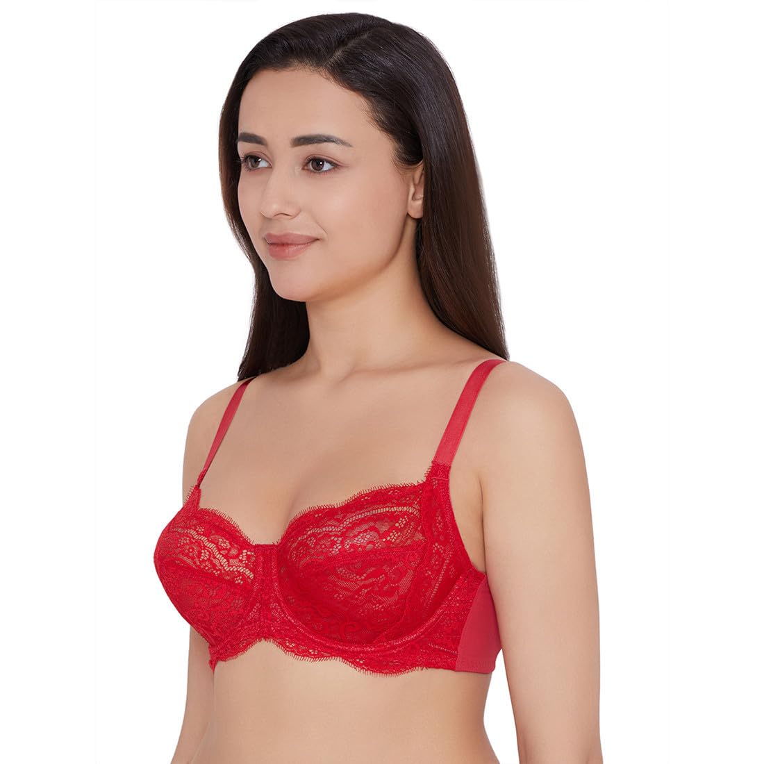 India Essential Lace Non Padded Wired Full Cup Lace Bra(Red, 34D)