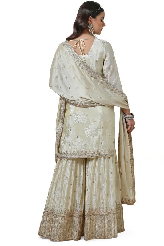 Soch Womens Cream Brocade Sharara Suit Set with Sequins
