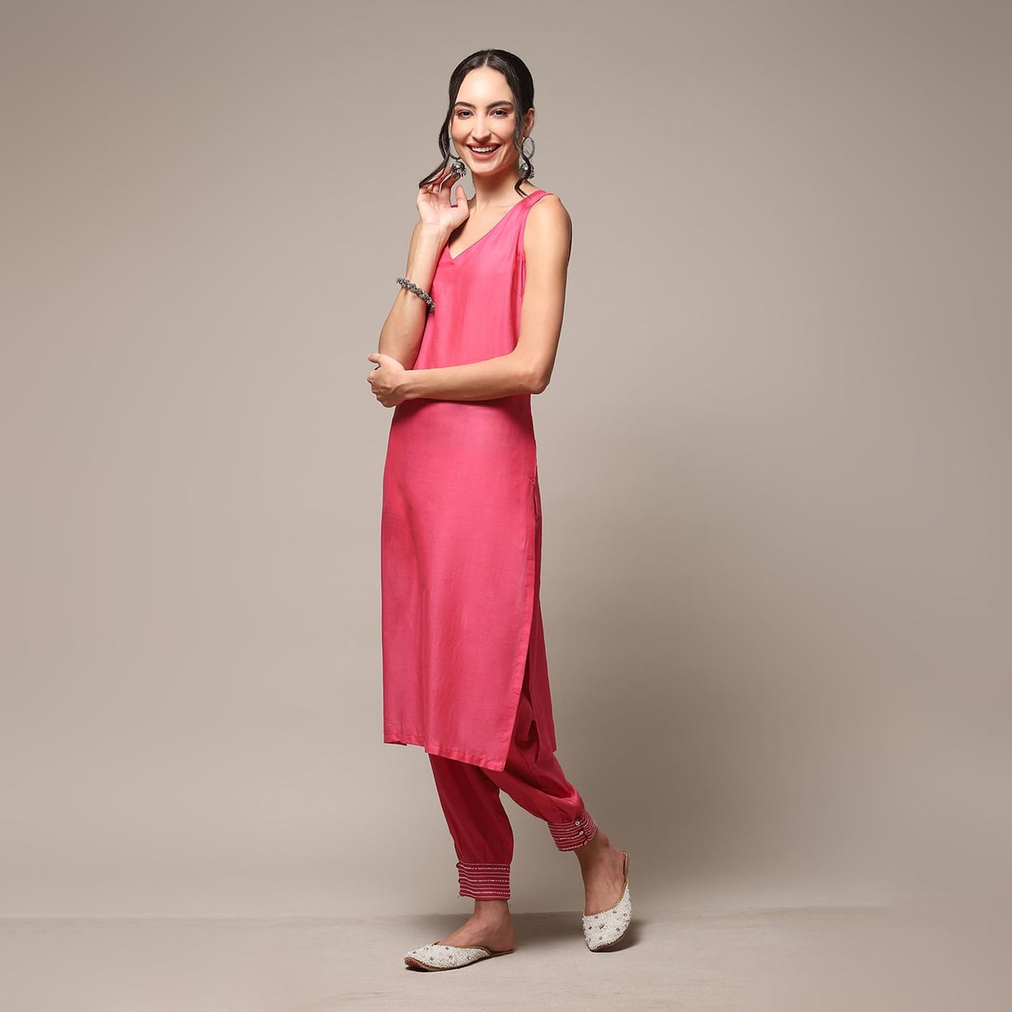 BIBA WOMEN EMBROIDERY RELAXED SALWAR KURTA DUPATTA(SKDGULNAAZ8670_BRIGHT PINK_34)