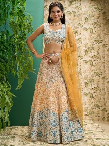 Zeel Clothing Women's Zari And Digital Print Work Art Silk Semi Stitched Lehenga Choli With Dupatta (5073-Multi-Womens-Lehenga-Choli-Latest; Free Size)