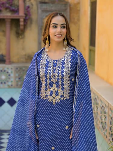 Divena Blue Leheriya Kota Doria Kurta Pant With Dupatta