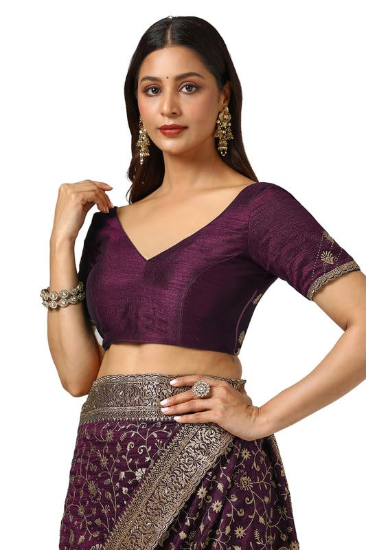 Soch Womens Wine Tussar Embroidered Saree With Stone Work