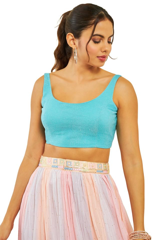 Soch Womens Turquoise Blue Shimmery Scoop-Neck Back-Open Sleeveless Blouse