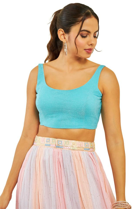 Soch Womens Turquoise Blue Shimmery Scoop-Neck Back-Open Sleeveless Blouse
