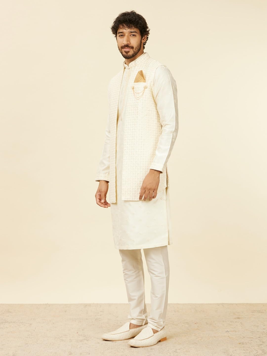 Manyavar Men's Art Silk Sequined Kurta Jacket Pyjama Set (3pcs)