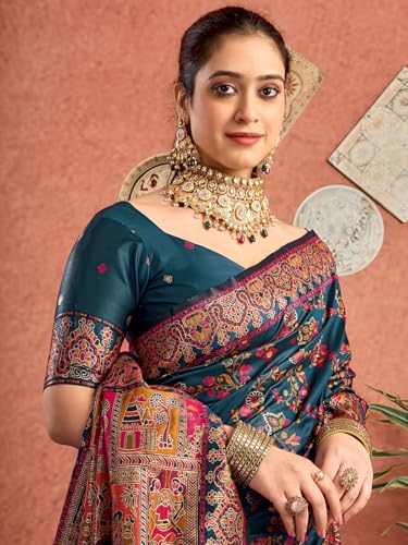 Satrani Women's Silk Kashmiri Minakari Weaving Saree with Unstitched Blouse Piece (4314S605N_Rama Blue)