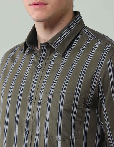 Arrow Sports Men's Striped Slim Fit Shirt (ASAJSH1451_Olive