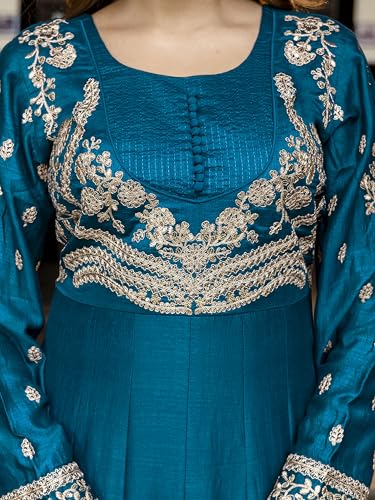 TRENDMALLS Women's Art Silk Embroidery Work Anarkali Kurta Pant with Net Dupatta Set For Women (G333-Morpeach-3XL)