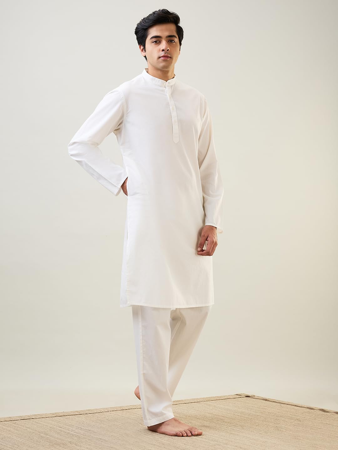 Raymond Sleepz Men Comfort Fit Solid Pattern Pure Cotton Mandrin Collar Sleepz Kurta Set (Size: L)-AEUC00013-F1