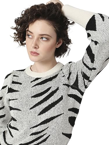 VERO MODA Women Printed Polyester Blend Regular Fit Off-White Sweater