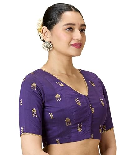 Studio Shringaar Women's Handloom Cotton Silk Readymade Saree Blouse (Purple, 46)