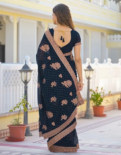 SIRIL Women's Georgette Embroidery & Stone Work Scalloped Border Saree With Unstitched Blouse Piece (4932S932_Dark Navy Blue)