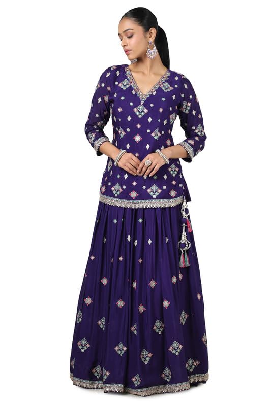 Soch Womens Purple Chinon Embroidered Ghagra Choli With Sequins
