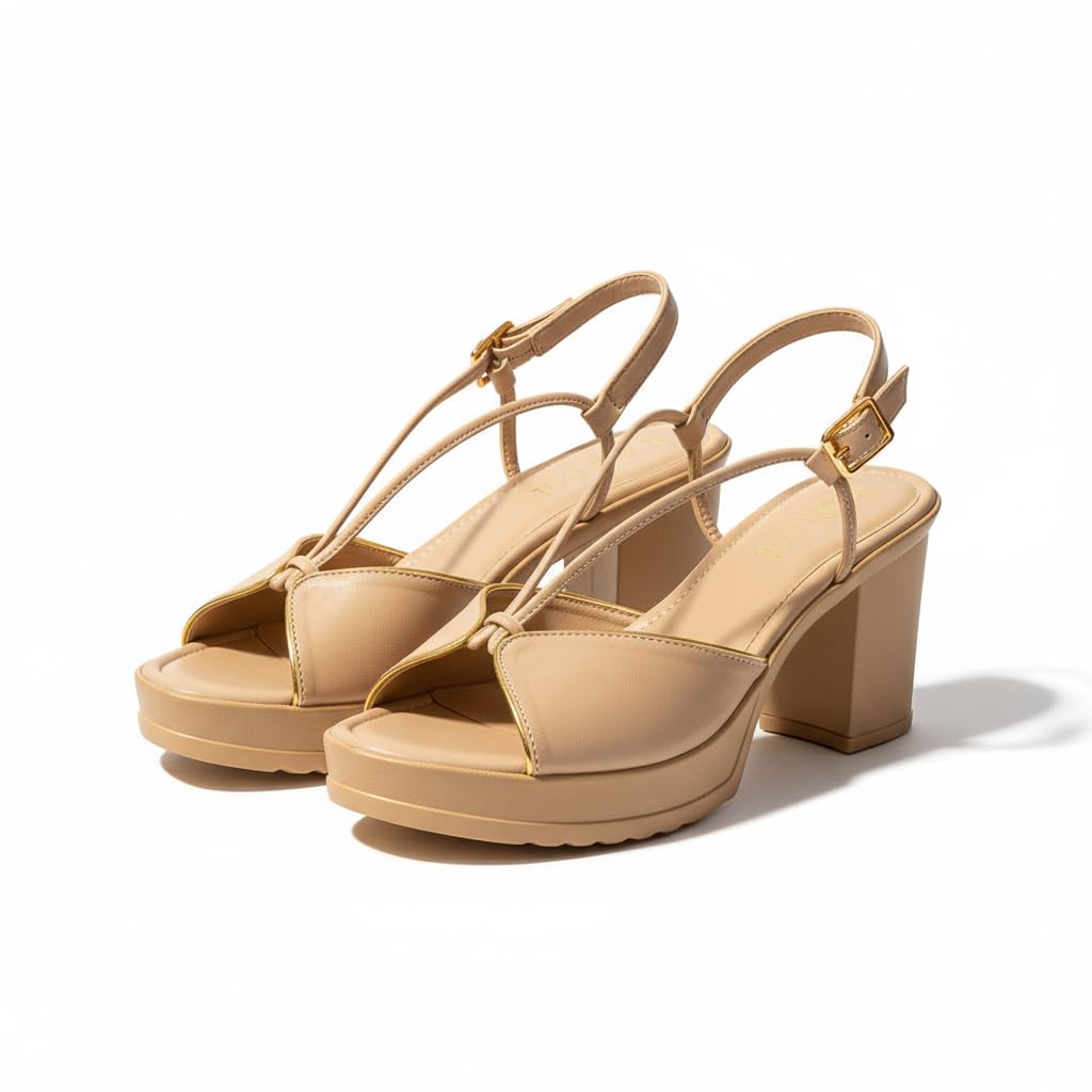 Indifeet Heels for Women Woman Stylish Sandals Ladies Latest Block Heel Chappals Girls Comfortable Party Sandal Female Fancy Peep Toe Chappal Footwear Women’s Trendy Fashion Slippers Cream Beige