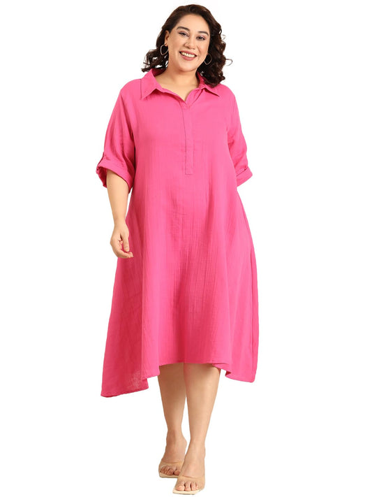 the PINK MOON Women's Plus Pink A-Line Shirt Dress (DRS CH PNKDC 3XL)