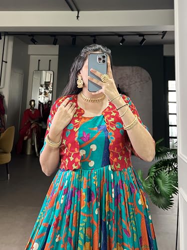 Yana fab Traditional Kalamkari Print Gown with Weaving Work (Firozi)