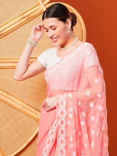 Ada Hand Embroidered Lucknowi Chikankari Georgette Saree With Unstitched Blouse Piece A191488, Peach - Womens