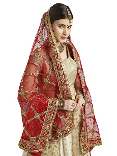 DUPATTA BAZAAR Women's heavily Embroidered Red Bridal Net Dupatta with kundan work