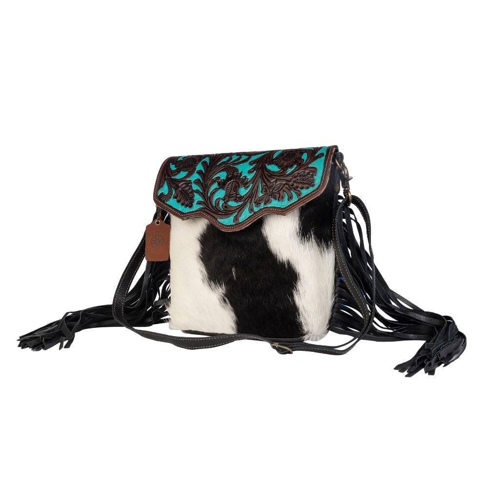 Myra Bag Aqua Hand-Tooled Bag Upcycled Cotton & Cowhide Leather S-2856