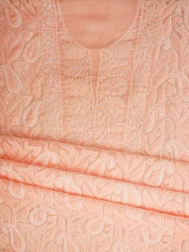 Ada Hand Embroidered Lucknowi Chikankari Unstitched Cotton Dress Material Suit Piece with Dupatta for Women 01A821973 Peach