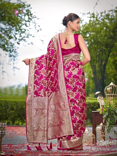 MANOHARI Women's Most Trendy Banarasi Satin Silk Woven Rani Pink Saree With Heavy Jacquard Work Saree With Blouse Piece_MN2047