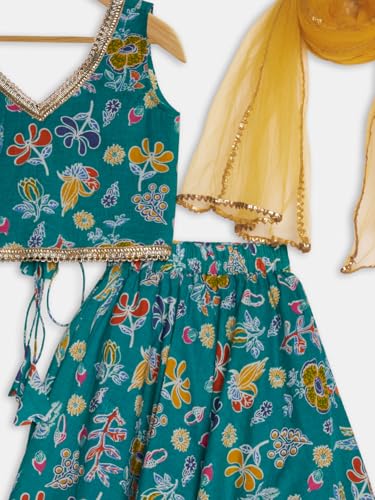 studio rasa Girls Cotton Printed Embellished Bias Lehenga Set for Festive Wedding Party(GLC62502/13-14_Green_13-14 Y)