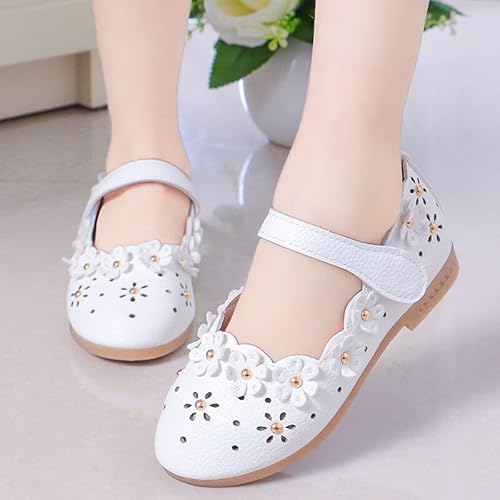Bold N Elegant PU Leather Girl's Party Ballerina Belly Sandal Shoes Footwear with Gold Bead Floral Cutwork for Infant Toddler Young Girls (White, Numeric_14)