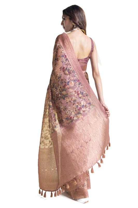 Soch Womens Earth Chanderi Floral Print Saree With Tassels