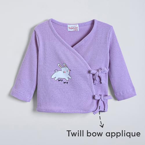 Hopscotch Unisex Full Sleeves Purple 2-Pc Textured Wrap Style Cotton Pajama Set (0-3 Months)