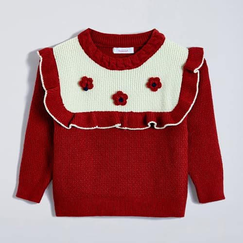 Hopscotch Girls Full Sleeves Red Floral Sweater & Skirt Set (3-4 Years)