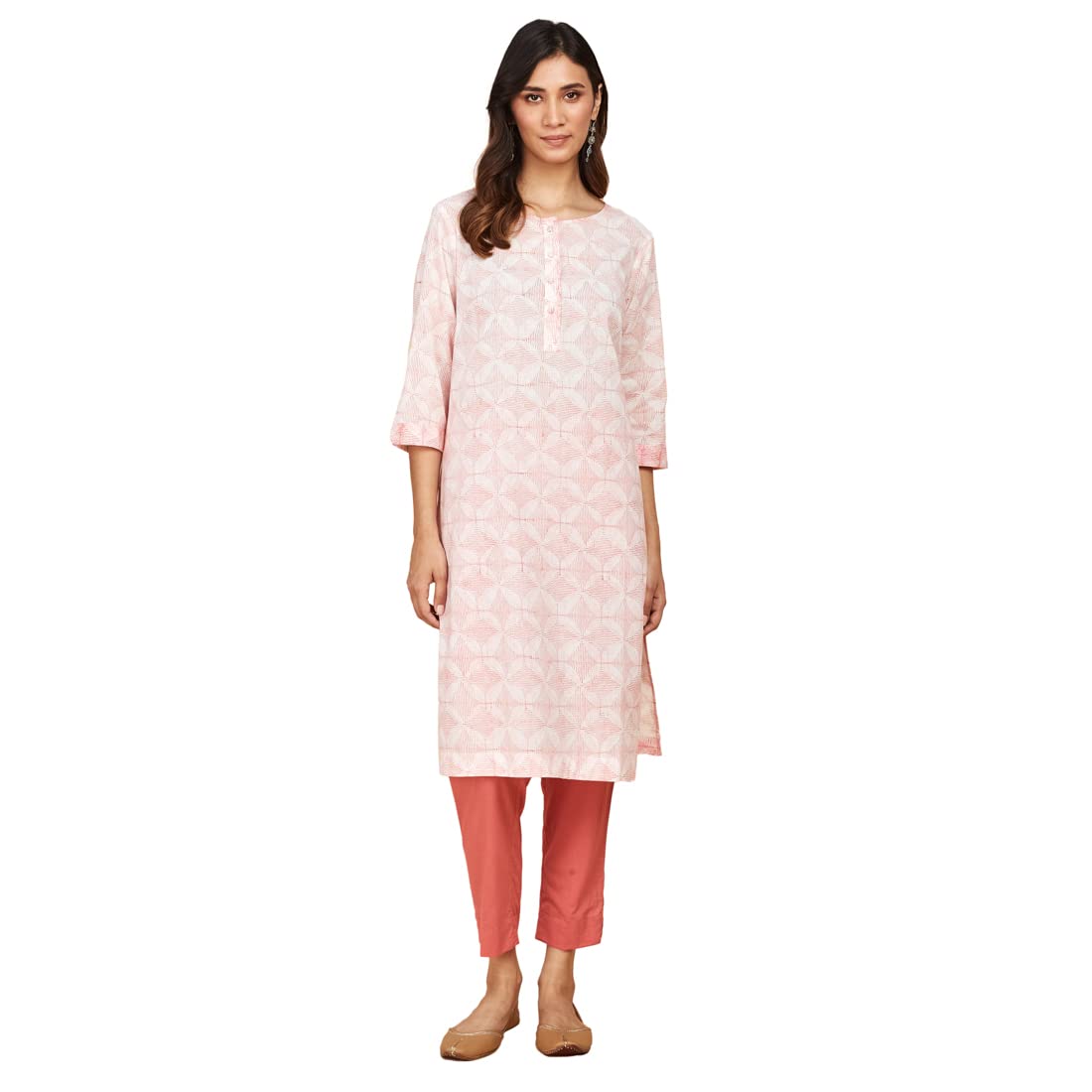 Fabindia Women's Cotton Printed Regular Kurta Knee Length (1029119WHITE_White,Red
