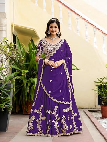 JIHU CULTURE Zari Sequence Embroidery Work Semi Sttiched Lehenga Choli For Women's.
