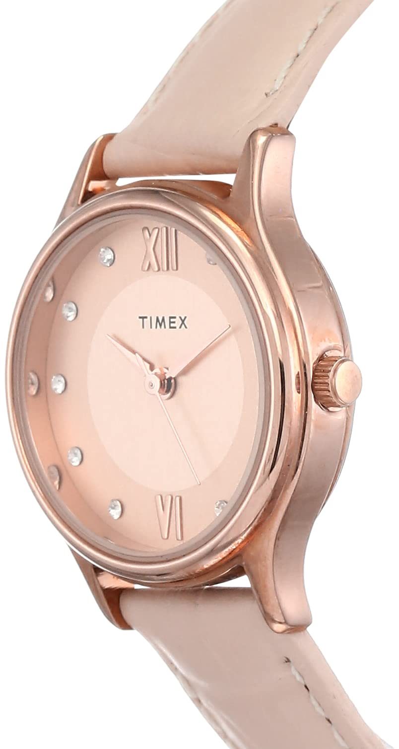TIMEX Classics Analog Watch for Women with Rose Gold Round Dial & Pink Leather Strap Band Water Resistant Women's Wrist Watches - TW00ZR270E