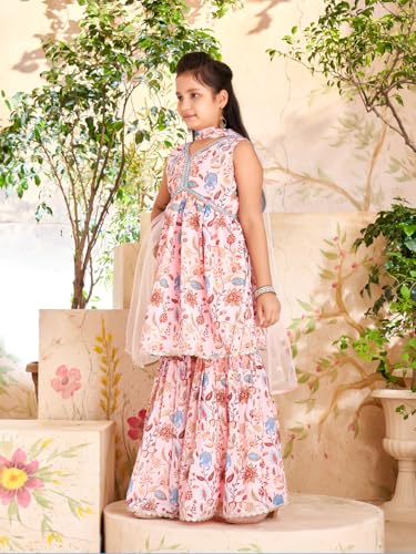 Aarika Girls Ethnic Wear Pink Colour Floral Print Beads Mirror Embroidery Silk Kurti Sharara Set (7-15 Years)