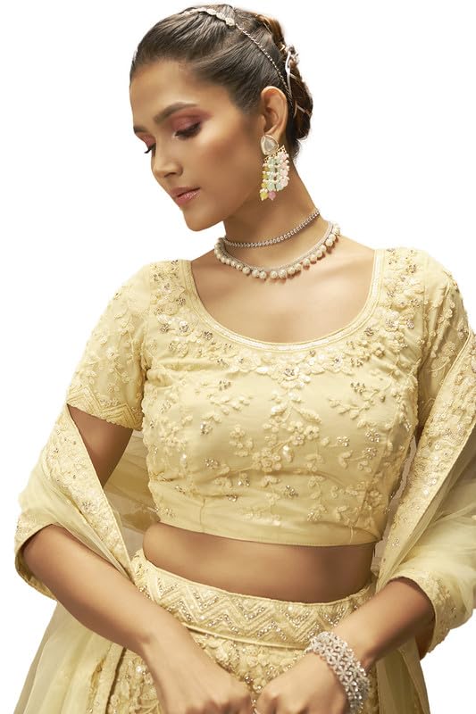 Soch Womens Yellow Net Floral Embroidered Sequin Embellished Unstitched Lehenga Set