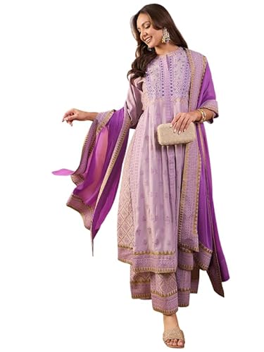AVYUKTHA Cotton Kurta Palazzo & Dupatta Set For Womens | Regular Fit | 3/4 Sleeve | V Neck | Printed Embroidery | Anarkali | Lightweight | Ethenic Dress | Ideal For Weddings & Parties | S | Skin