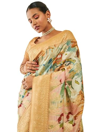Soch Womens Gold Tussar Floral Print Saree With Zari Woven(8907175714256)