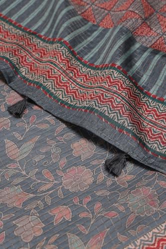 Soch Womens Grey Tussar Floral Print Suit Set With Zari