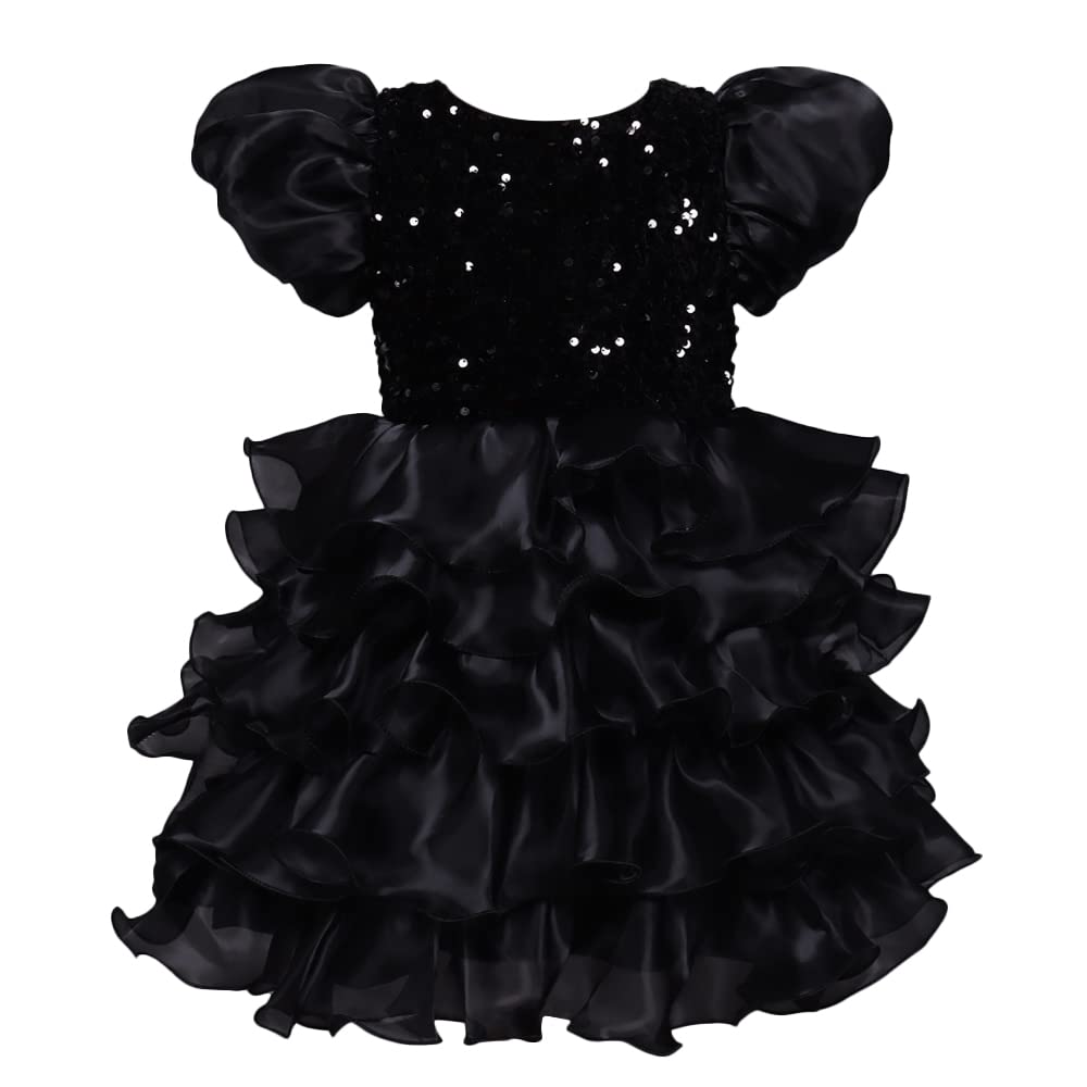 Hopscotch Girls Polyester and Viscose Puff Sleeve Sequin Embellished Party Dress in Black Color For Ages 4-5 Years (SRS-4068982)