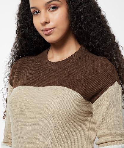 Max Women Knit Colourblock Sweater(Brown_XXL)