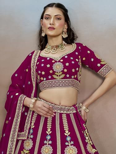 Zeel Clothing Women's Sequins Thread Embroidered Georgette Lehenga Choli With Dupatta (6008-Pink-Women-Lehenga-Choli-New; Free Size)(Pink)