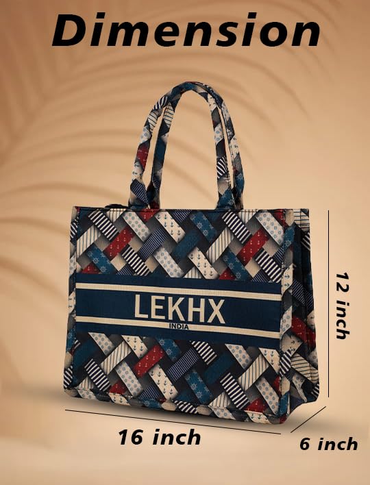 LX LEKHX Designer Tote Bag for Women | Premium Laminated Jute Canvas Handbag with Geometric Print | Stylish Spacious Office, College, Travel & Laptop Bag (Fits 16 Inch) (Multicolor-Blue)