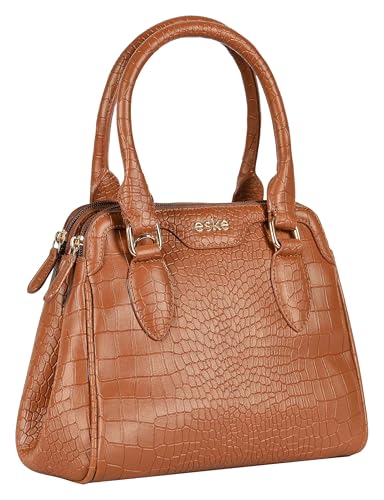 eske Mira Vegan Leather Handbag, Animal Print Pattern, Dual Compartment, Detachable Sling Strap (Tan)