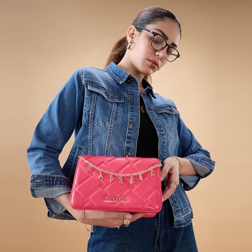 Caprese Winter Medium Sling Bag for Women with Adjustable & Detachable Strap | Multi‑Compartment Shoulder Bag with Zipper & Magnetic Button Closure Letter Chain Charm (Fuchsia)