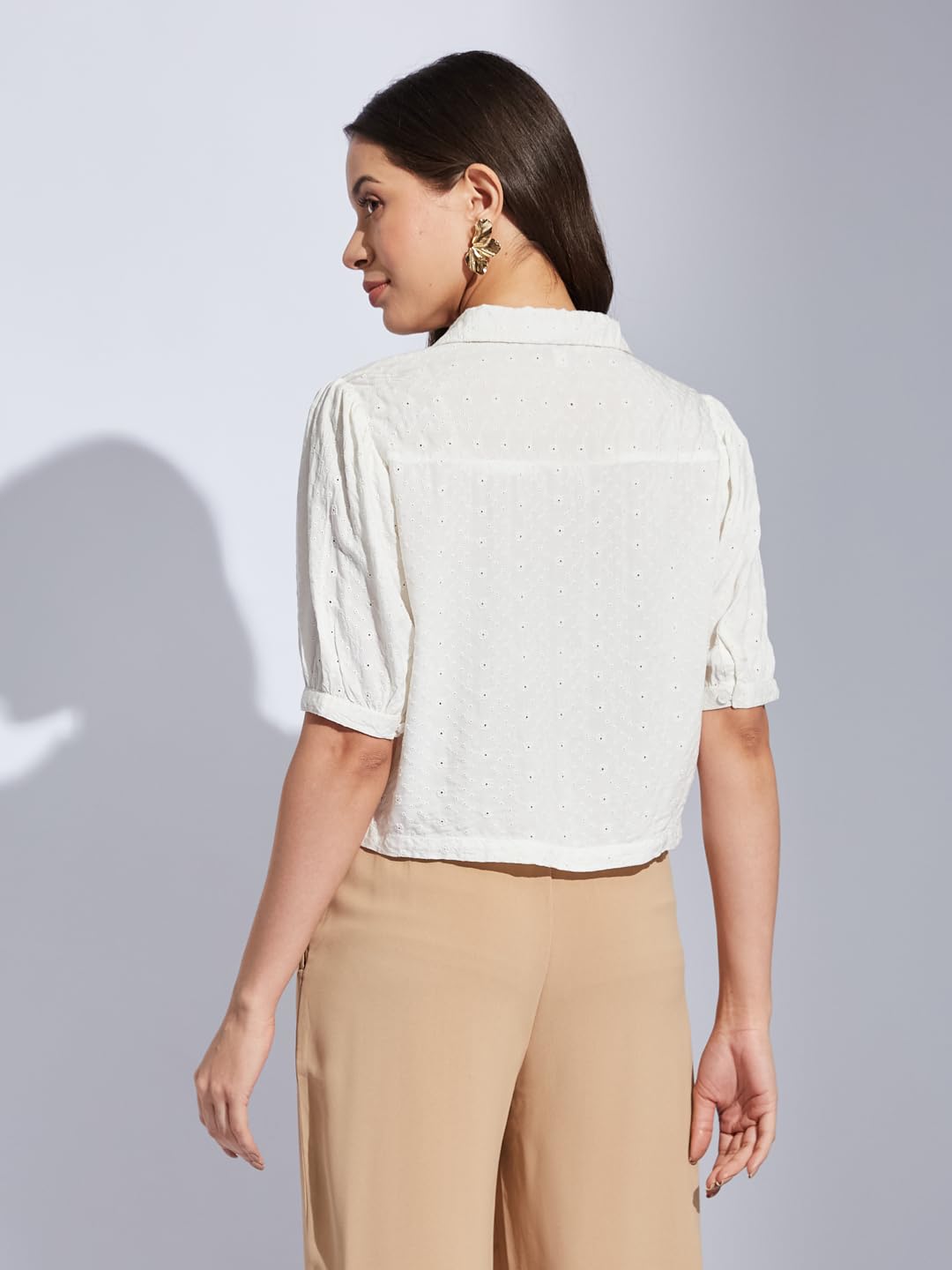Latin Quarters Women Ivory Collared Half Sleeves Solid Shirt Blouse for Casual Wear_M
